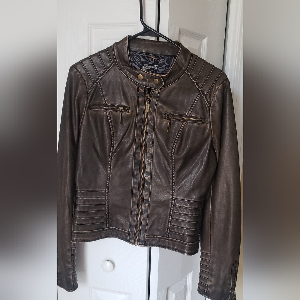 G BY Guess Dark Brown Leather Motorcycle Jacket